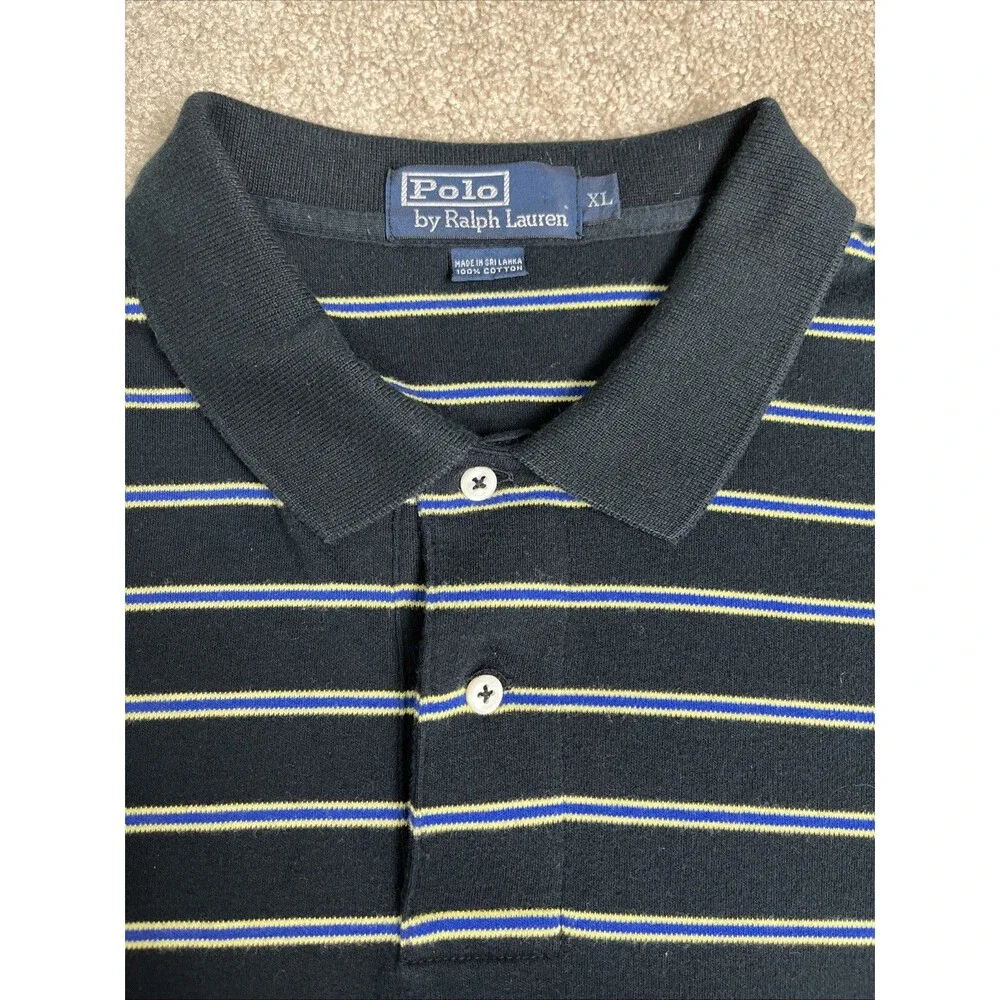VTG 90s Y2K Polo Ralph Lauren Mens‎ XL Polo Shirt Black Yellow Striped Short Slv